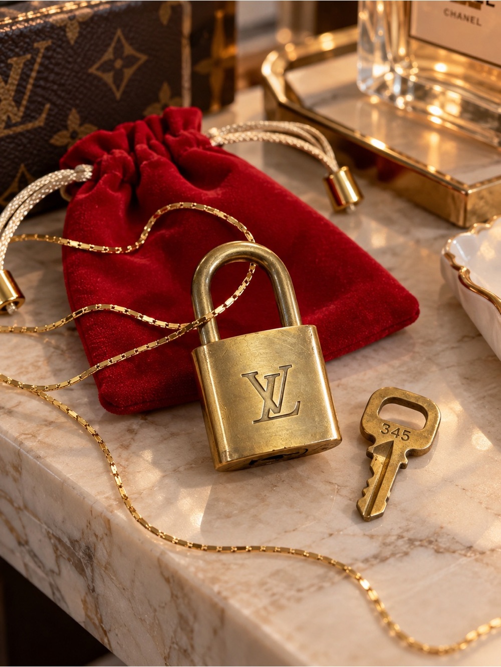 Vintage Louis Vuitton Gold-Tone Padlock Necklace Set #345 with Key & Pouch